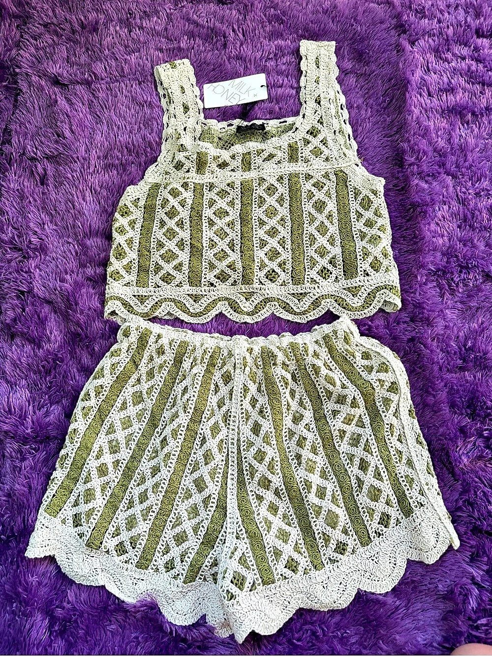 MILK & HONEY // Green & White Crochet Matching Set NWT